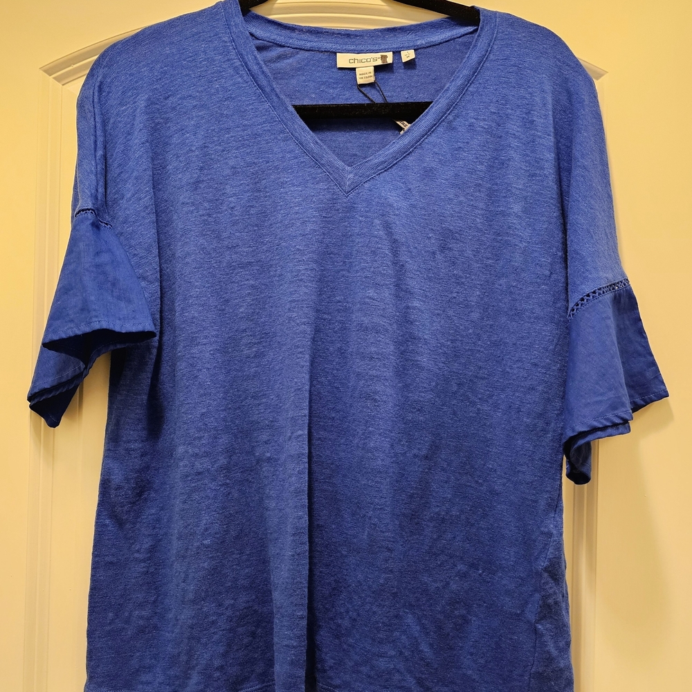 NWT Chico’s Linen Flutter Sleeve Top Blue Size 1 Medium Coastal Resort - Picture 4 of 9
